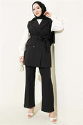 Double-Breasted Belted Vest 2 Piece Set, Black
