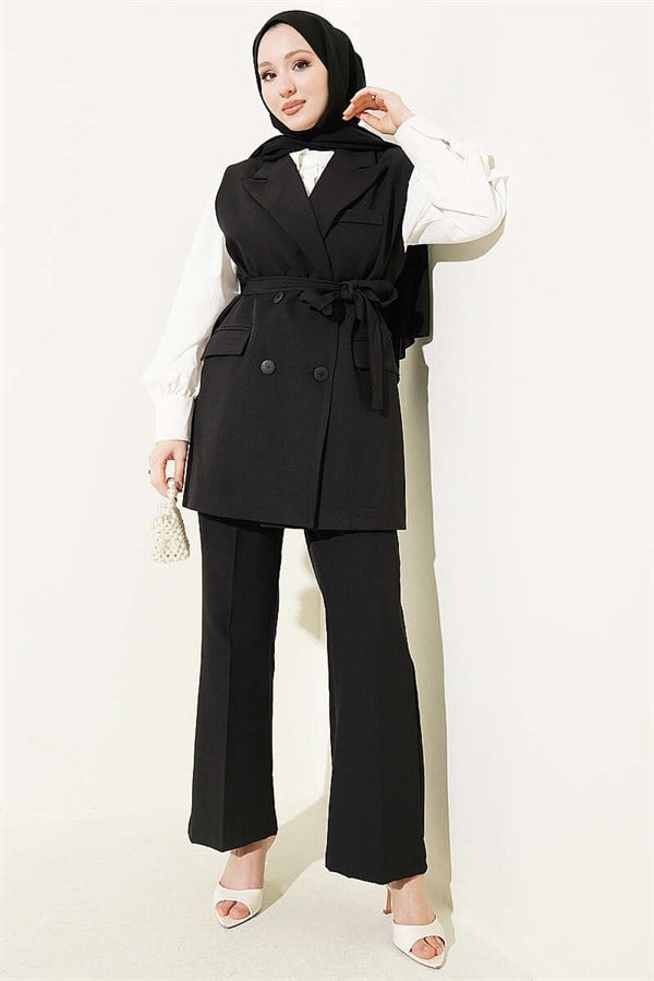 Double-Breasted Belted Vest 2 Piece Set, Black
