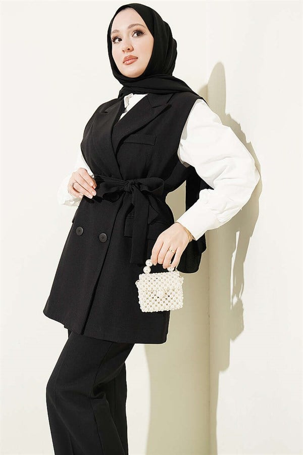 Double-Breasted Belted Vest 2 Piece Set, Black