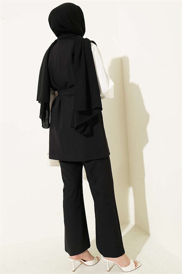 Double-Breasted Belted Vest 2 Piece Set, Black