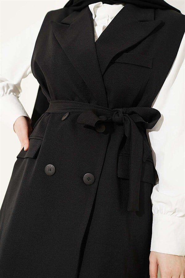Double-Breasted Belted Vest 2 Piece Set, Black