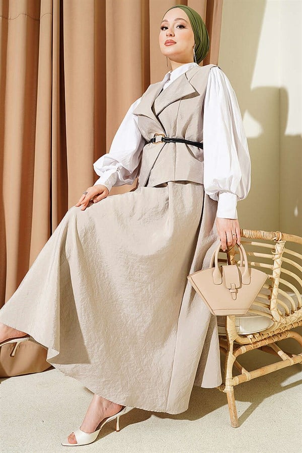 Wrap-Neck Parachute Vest and Skirt 2 Piece Set, Beige