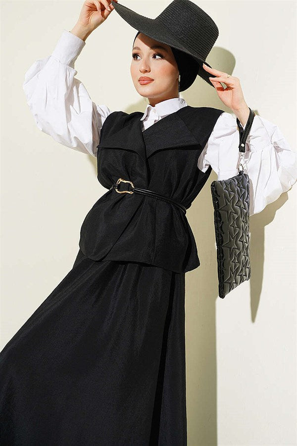 Double-Breasted Parachute Vest and Skirt 2 Piece Set, Black