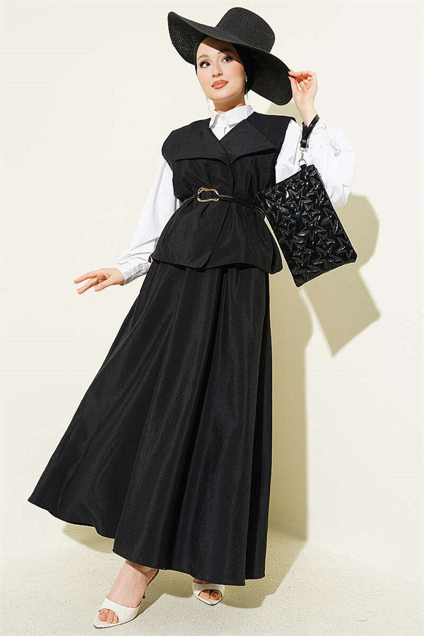 Double-Breasted Parachute Vest and Skirt 2 Piece Set, Black