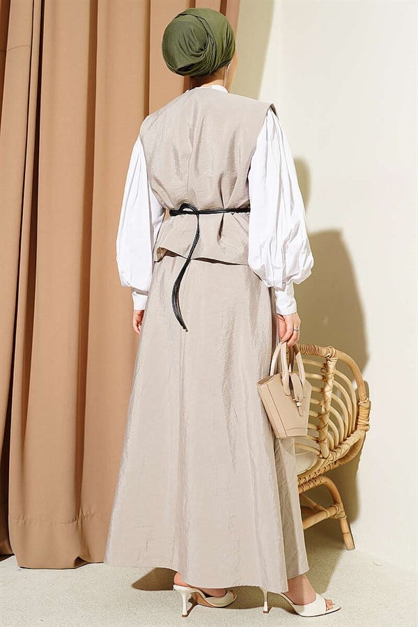 Wrap-Neck Parachute Vest and Skirt 2 Piece Set, Beige