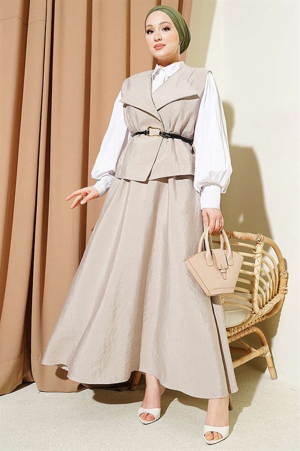 Wrap-Neck Parachute Vest and Skirt 2 Piece Set, Beige