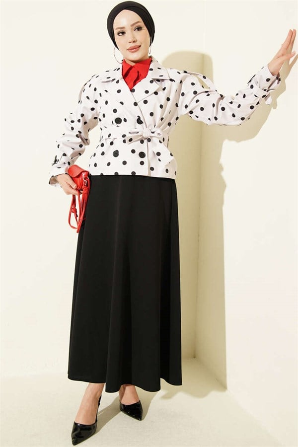 Double-breasted Polka Dot Short Trench Coat in Stone