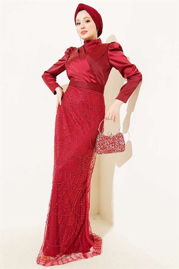 Wrap Neck Sequin Evening Dress Burgundy