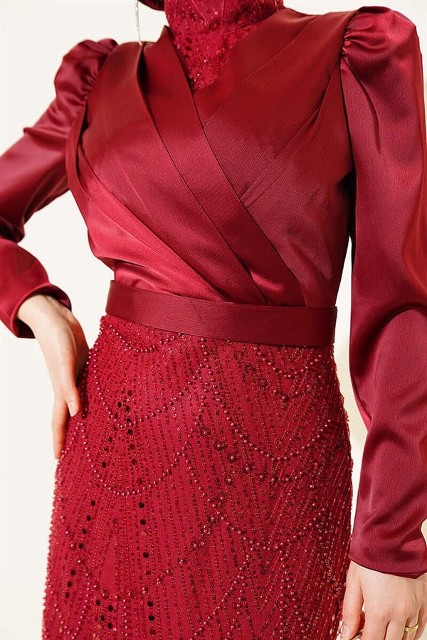 Wrap Neck Sequin Evening Dress Burgundy