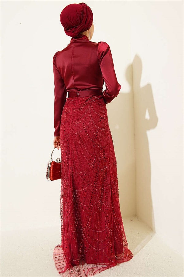 Wrap Neck Sequin Evening Dress Burgundy
