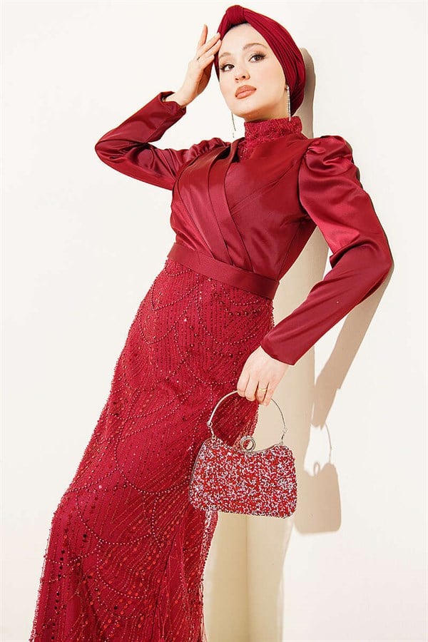 Wrap Neck Sequin Evening Dress Burgundy