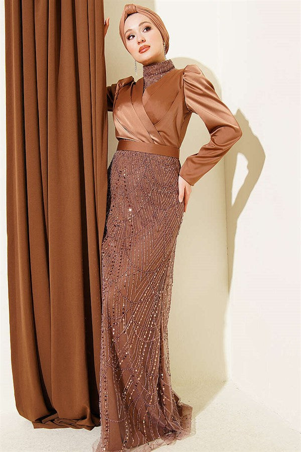 Wrap Neck Sequin Evening Dress in Brown