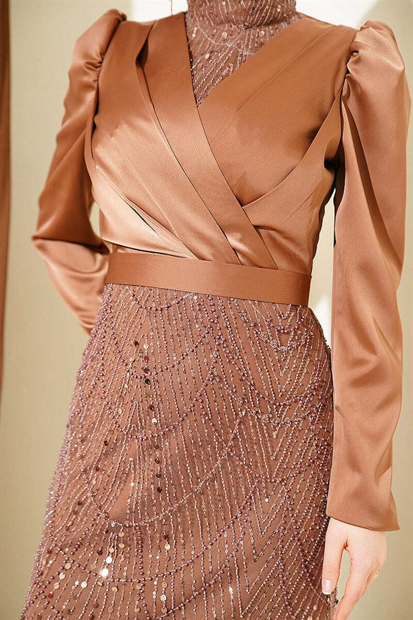 Wrap Neck Sequin Evening Dress in Brown