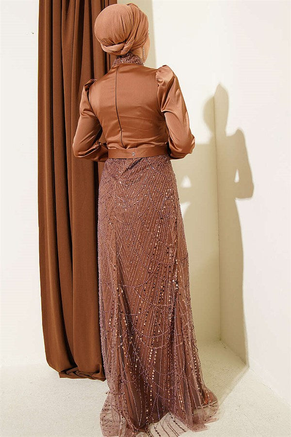 Wrap Neck Sequin Evening Dress in Brown