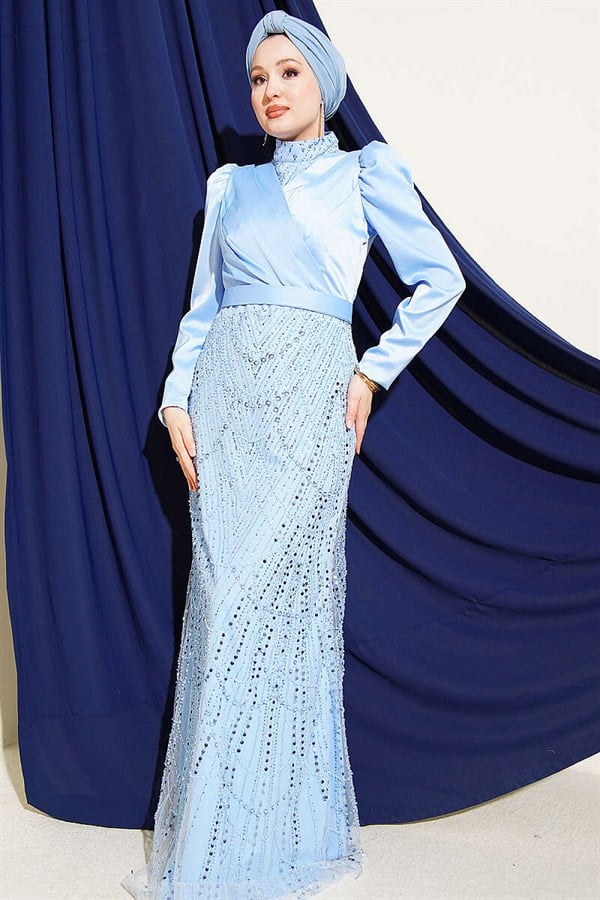 Wrap Neck Sequin Evening Dress Blue