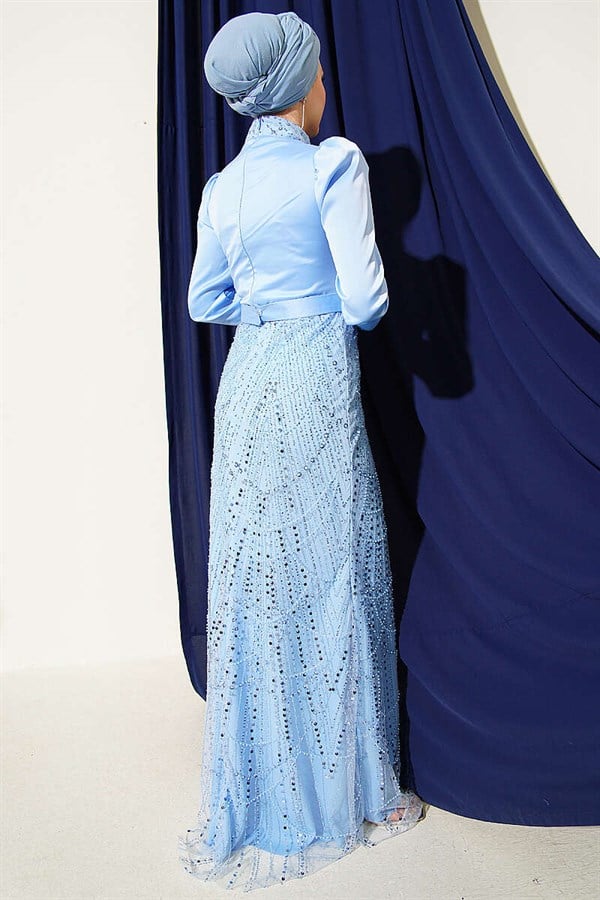 Wrap Neck Sequin Evening Dress Blue