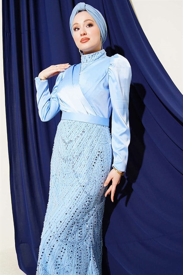 Wrap Neck Sequin Evening Dress Blue