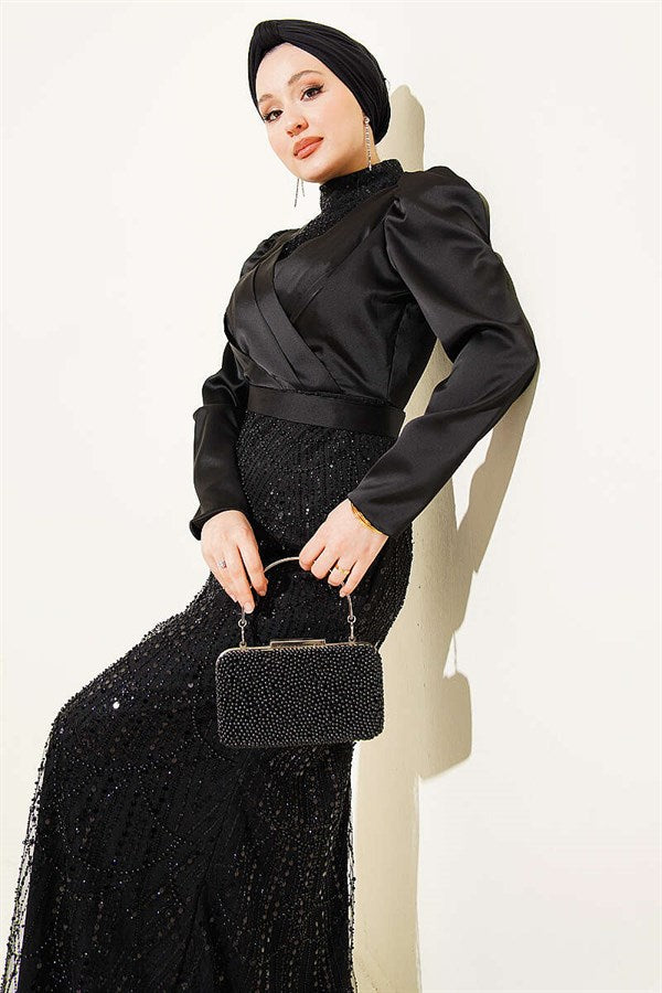 Wrap Neck Sequin Evening Dress Black