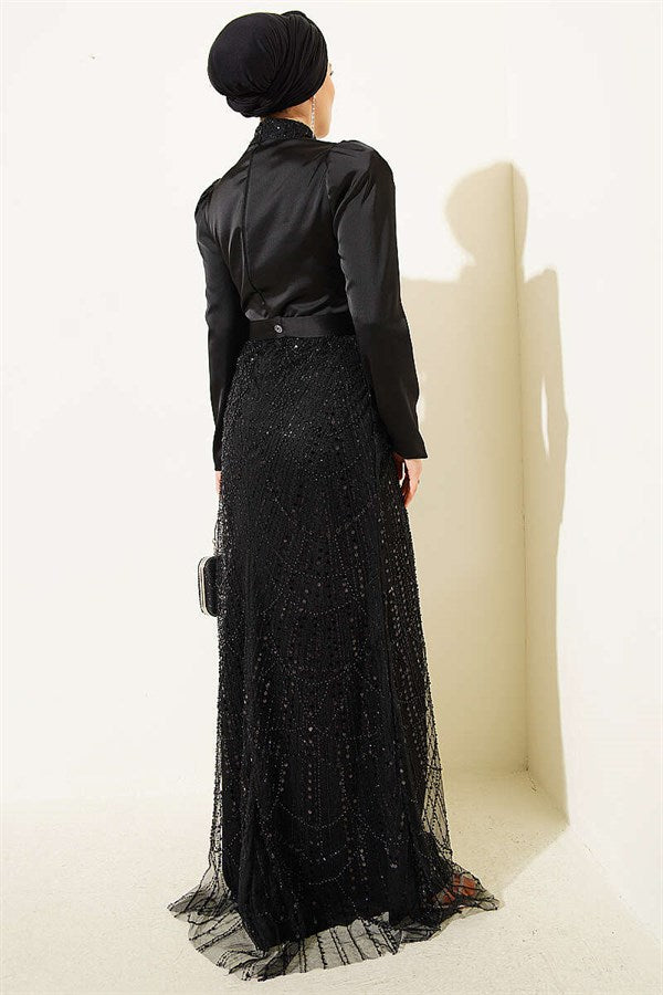 Wrap Neck Sequin Evening Dress Black