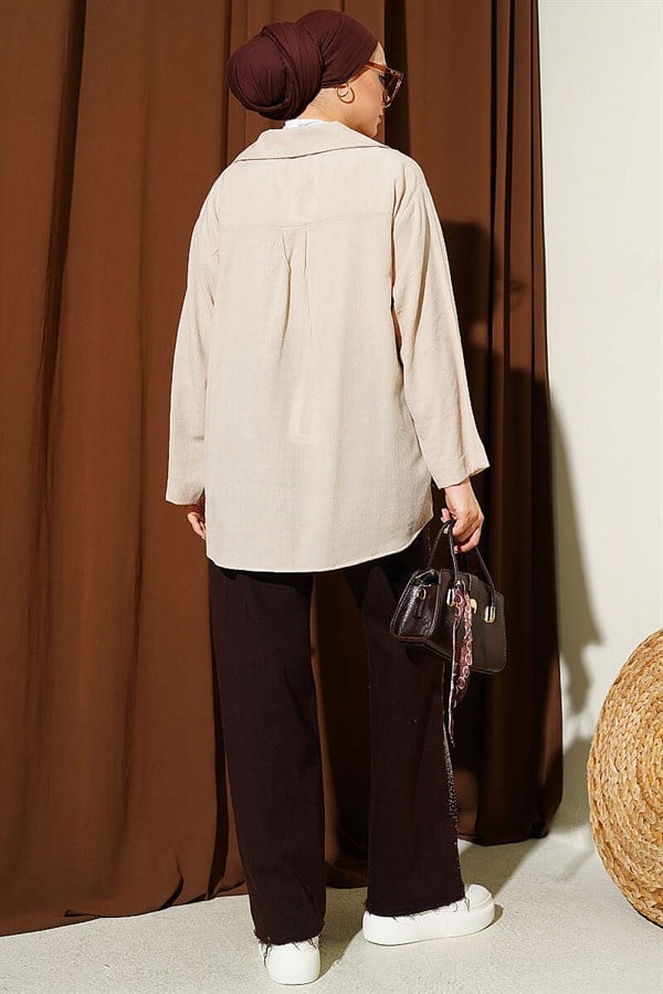 Wrap Collar Loose Fit Shirt Beige