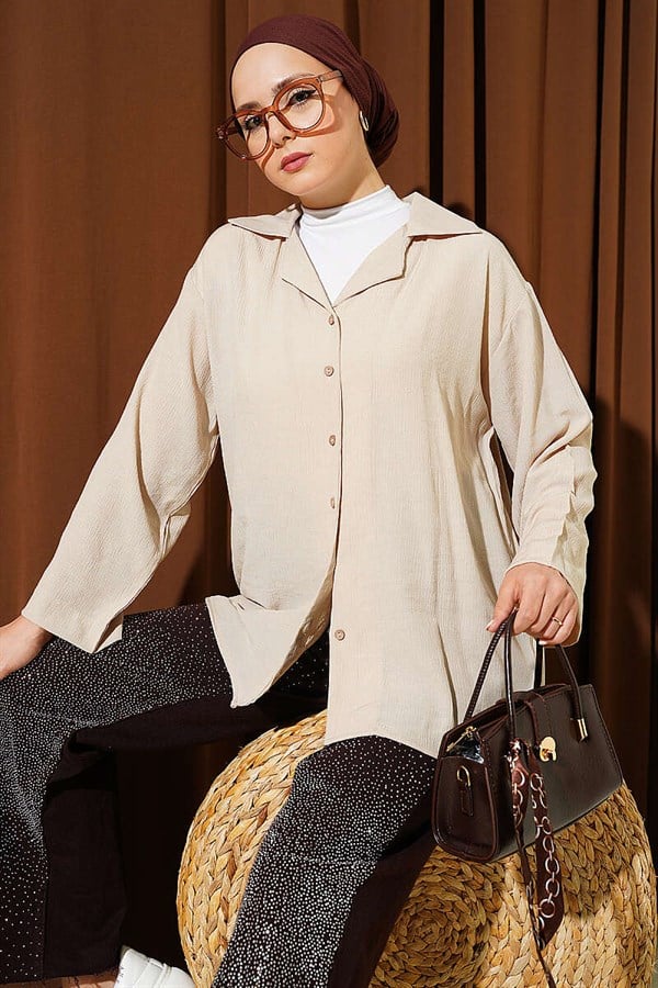 Wrap Collar Loose Fit Shirt Beige