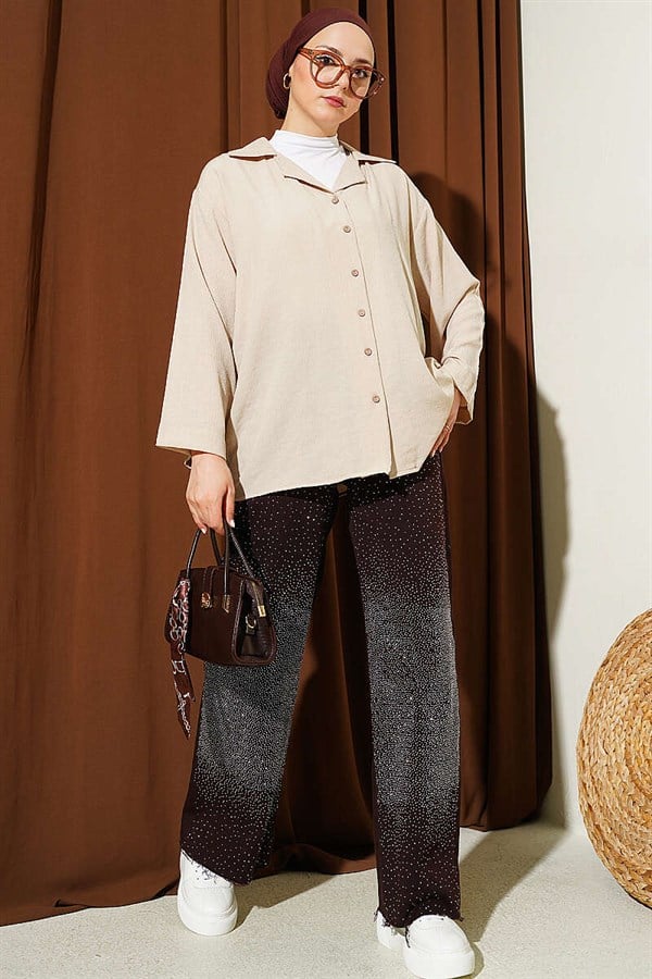Wrap Collar Loose Fit Shirt Beige