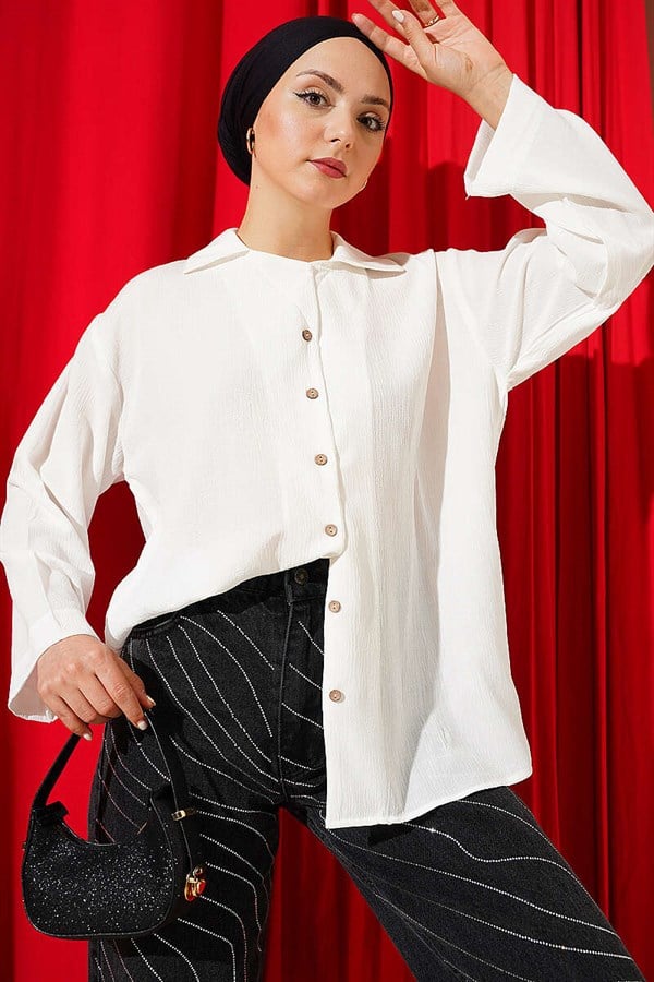 Wrap Collar Loose Fit Shirt, Ecru