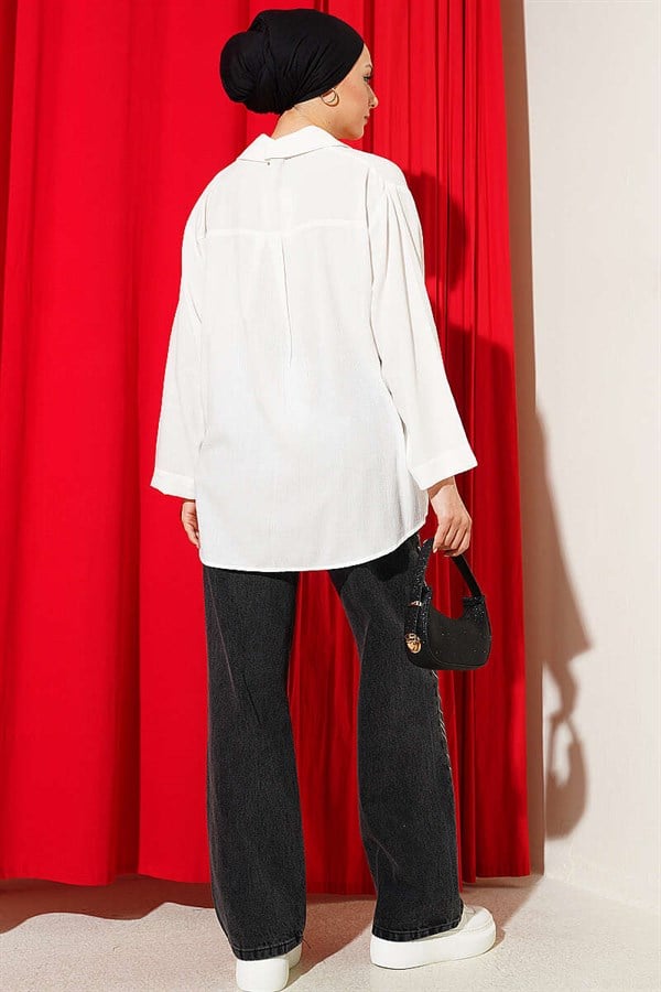 Wrap Collar Loose Fit Shirt, Ecru