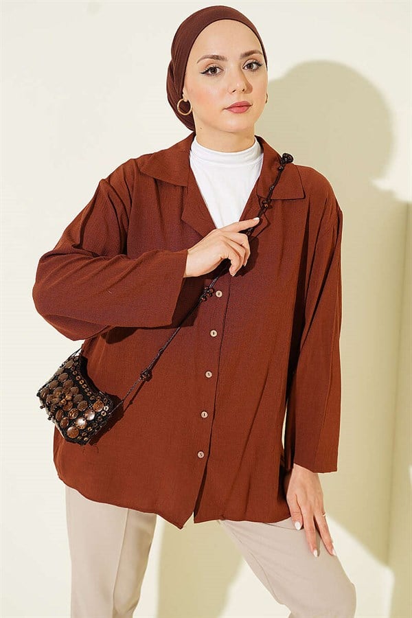 Wrap-Neck Loose-Fitting Shirt, Coffee
