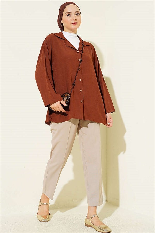 Wrap-Neck Loose-Fitting Shirt, Coffee