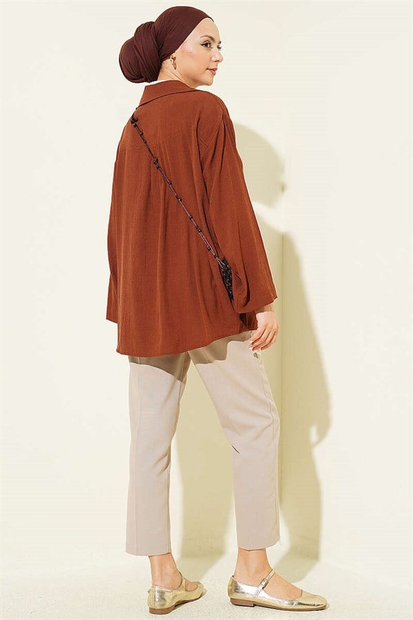 Wrap-Neck Loose-Fitting Shirt, Coffee