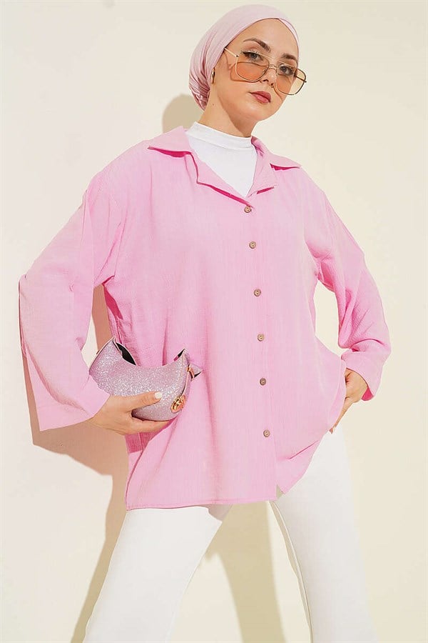 Wrap Collar Loose-Fitting Shirt Pink