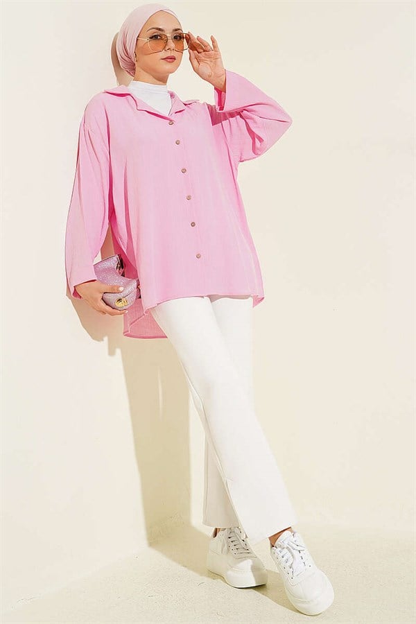 Wrap Collar Loose-Fitting Shirt Pink