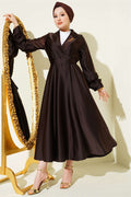 Wrap Neckline Embellished Satin Evening Dress in Brown