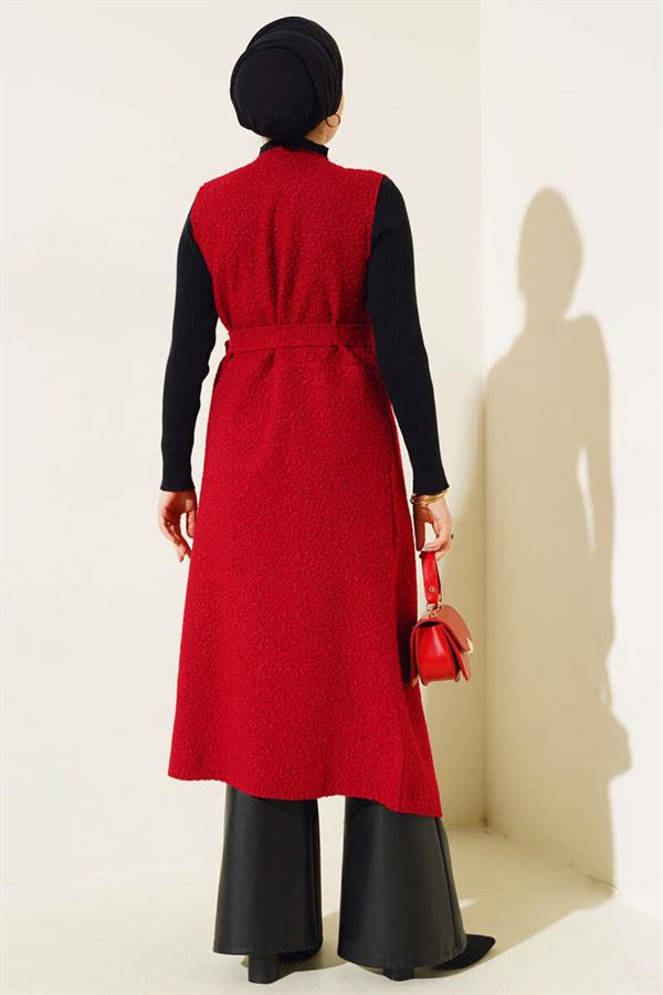 Double Breasted Long Boucle Vest Claret Red