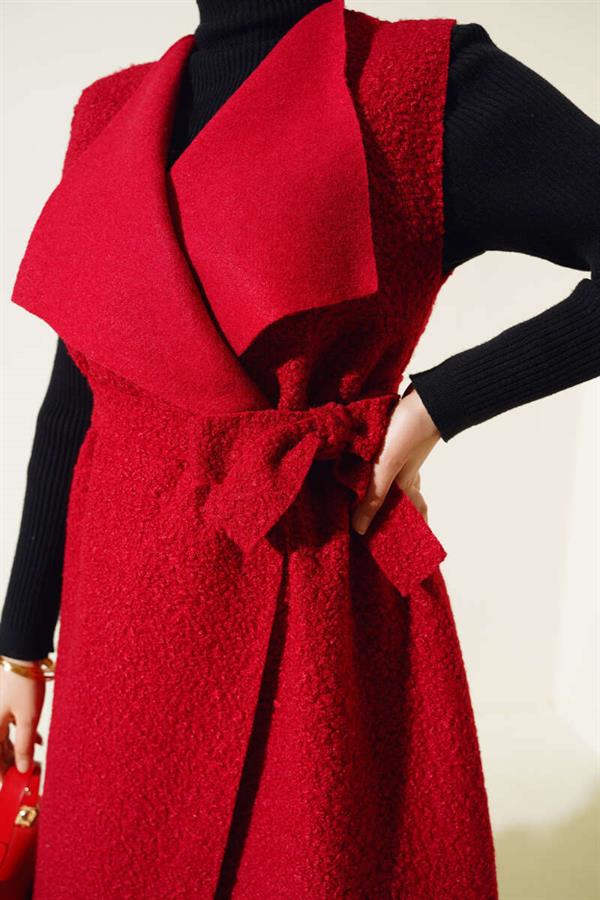 Double Breasted Long Boucle Vest Claret Red