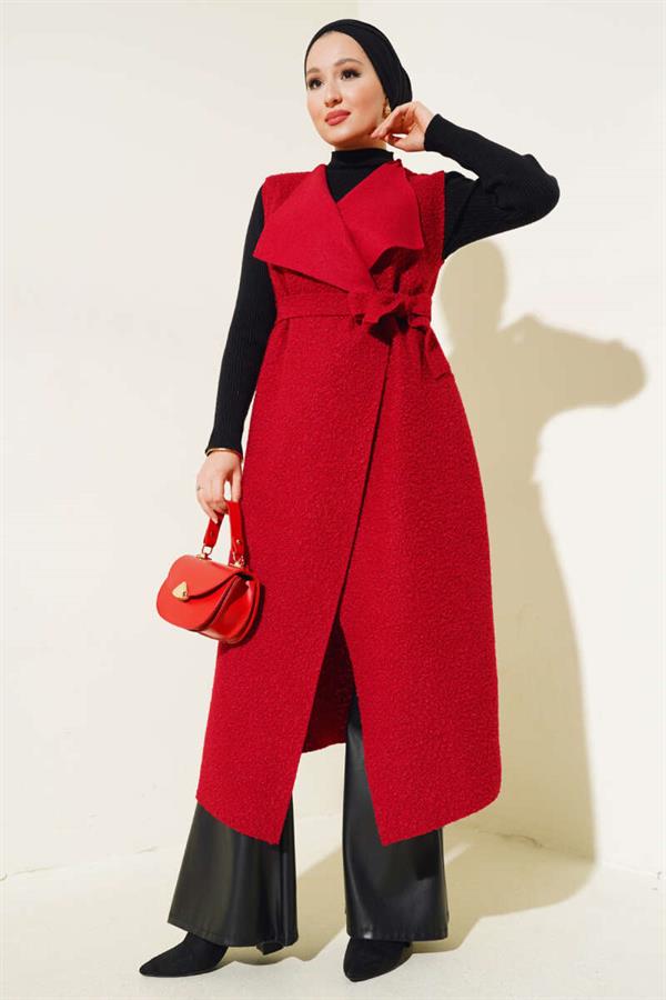 Double Breasted Long Boucle Vest Claret Red