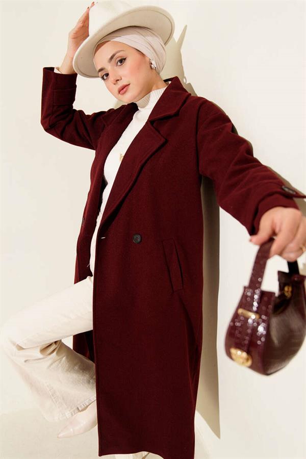 Double-breasted Long Cashmere Coat Burgundy