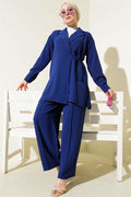 Double Breasted Side Rope Tied 2 Piece Set Navy Blue