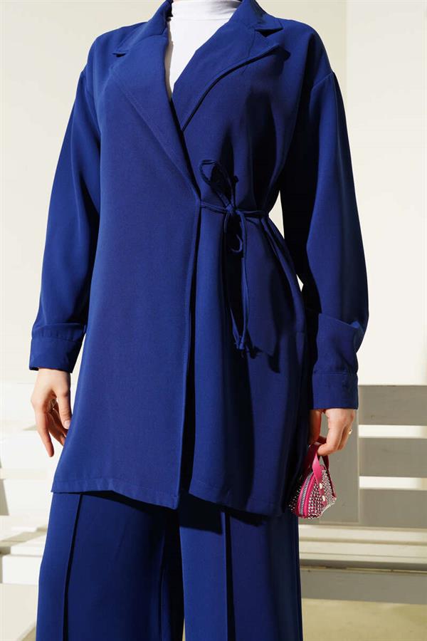 Double Breasted Side Rope Tied 2 Piece Set Navy Blue