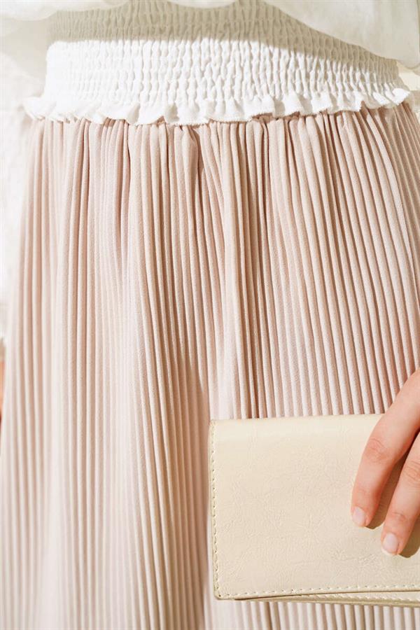 Fabric Pleated Pencil Skirt Beige