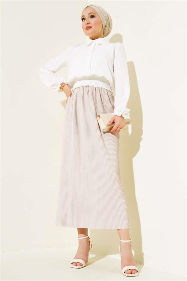 Fabric Pleated Pencil Skirt Beige