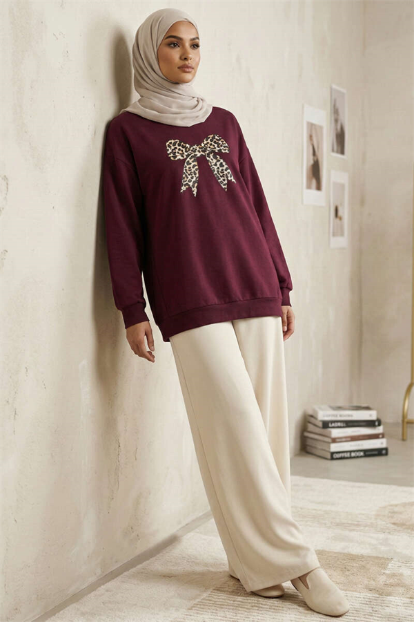 Ribbon Print Tunic Burgundy