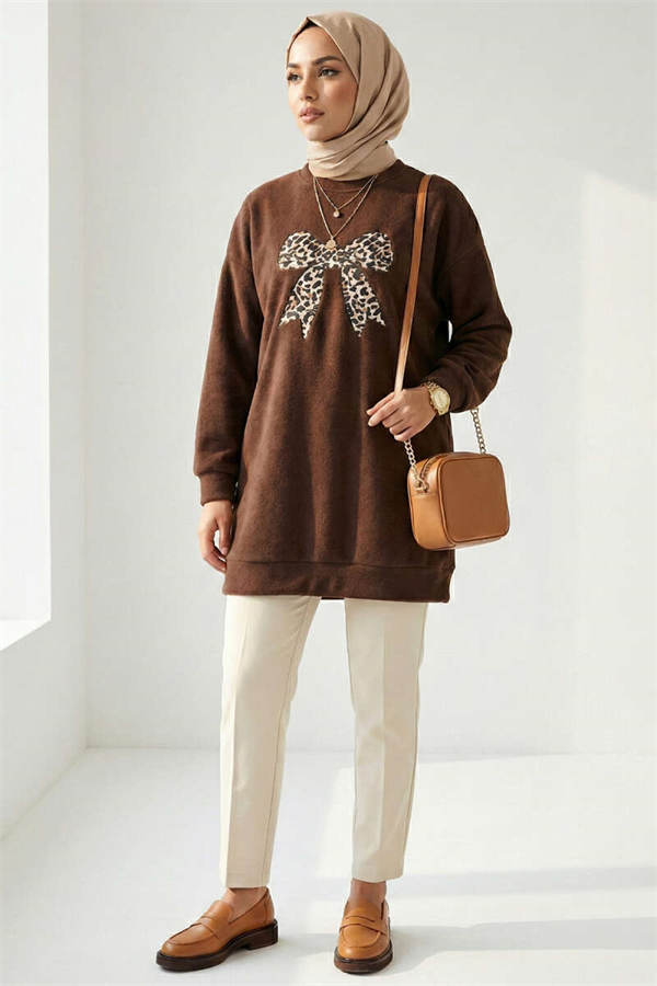 Ribbon Print Tunic, Brown