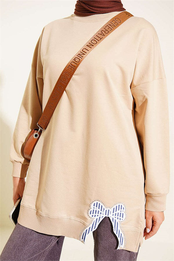 Ribbon Detail Crew Neck Tunic, Beige