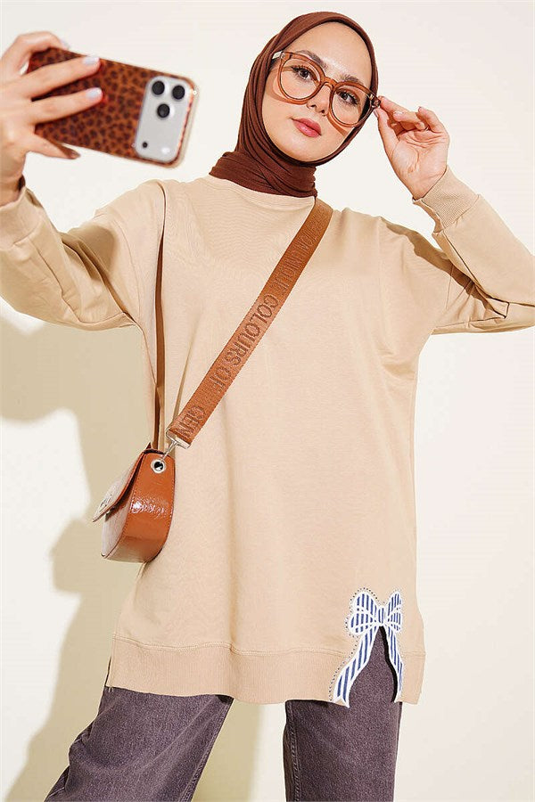 Ribbon Detail Crew Neck Tunic, Beige
