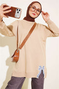 Ribbon Detail Crew Neck Tunic, Beige