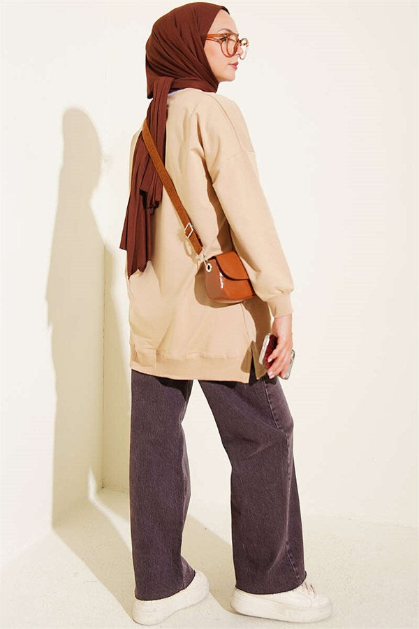 Ribbon Detail Crew Neck Tunic, Beige