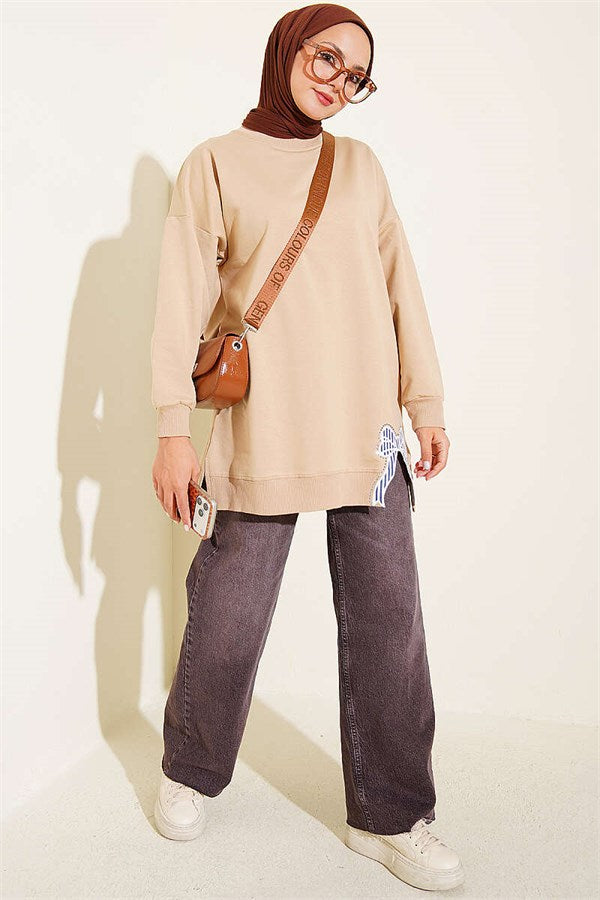 Ribbon Detail Crew Neck Tunic, Beige