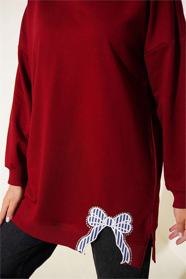 Ribbon Detail Crew Neck Tunic Burgundy
